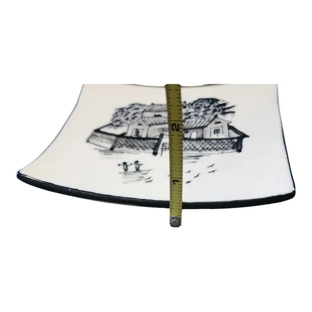 Vintage Asian Village Black Cream Square‎ Transfer Ware Candle Holder Set